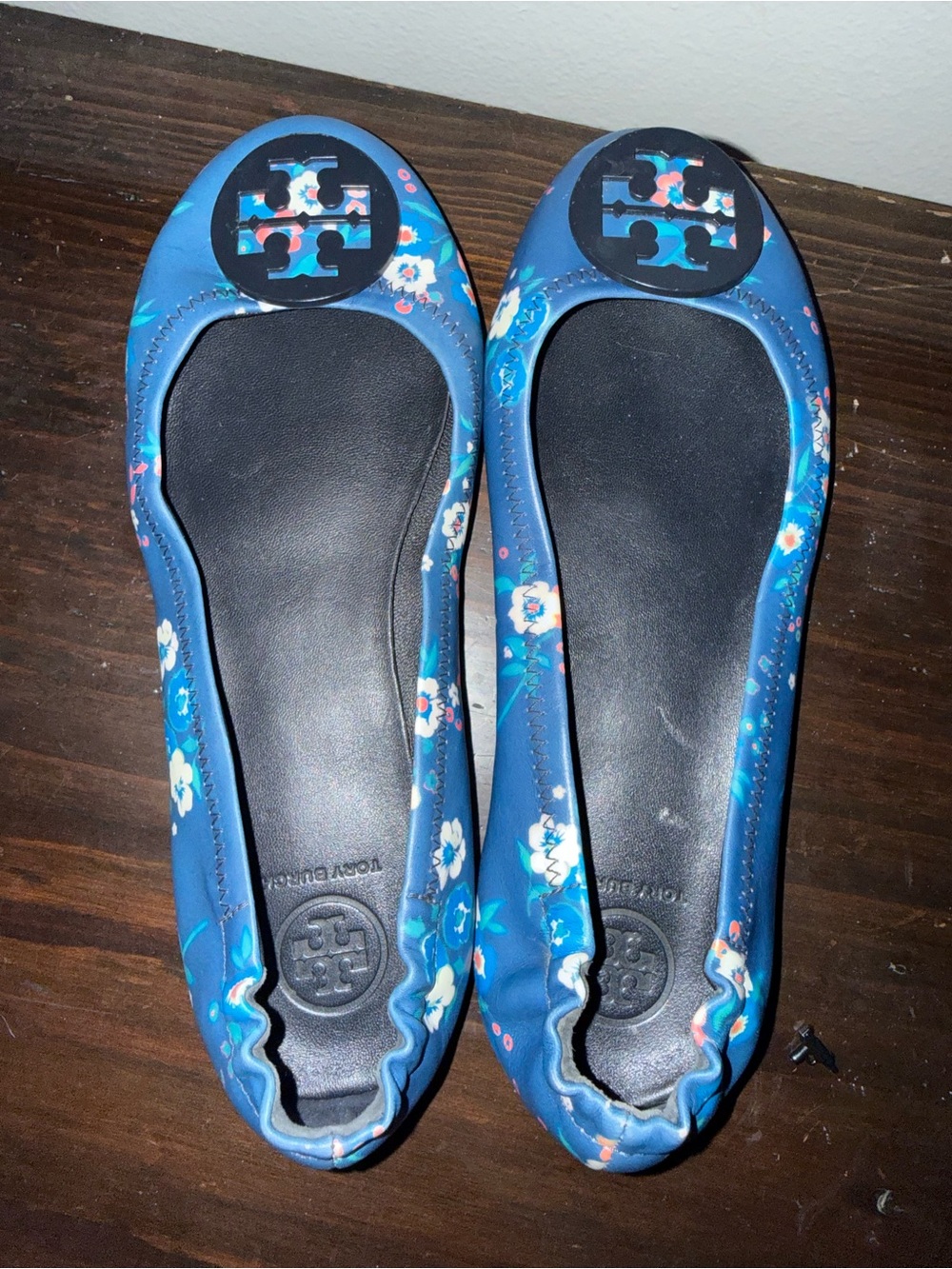 Tory Burch Blue Floral Logo Ballet Flats